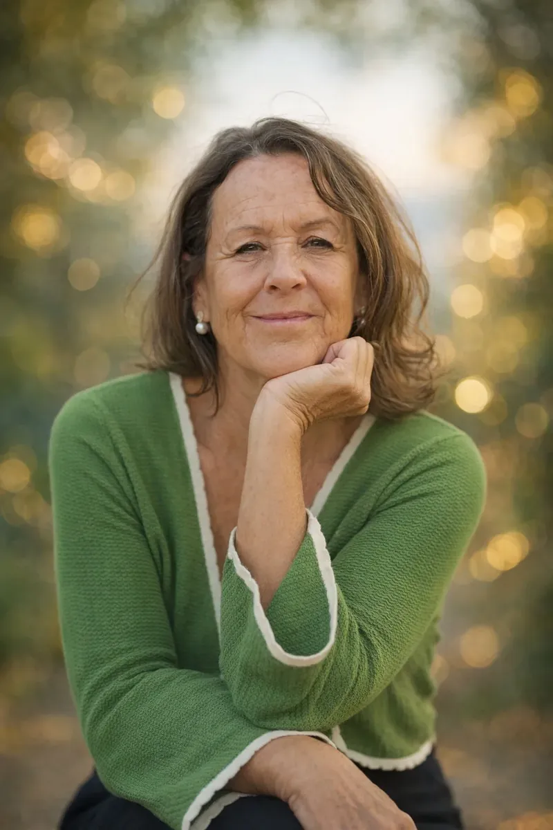 Porträt von Darja Quitsch in grüner Strickjacke, das Kinn auf die Hand gestützt, im Hintergrund warmes Licht